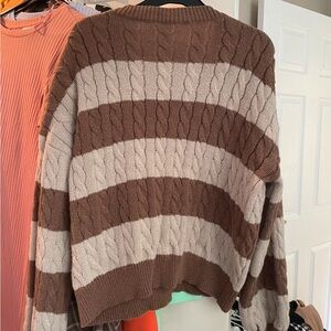 Striped Brown and Tan Cable Knit Sweater